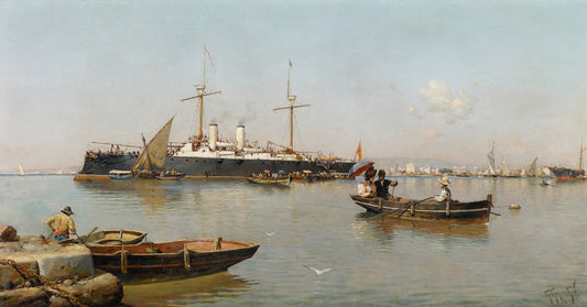 View of the Port of Málaga, vintage artwork by Gillermo Gomez Gil, 12x8" (A4) Poster