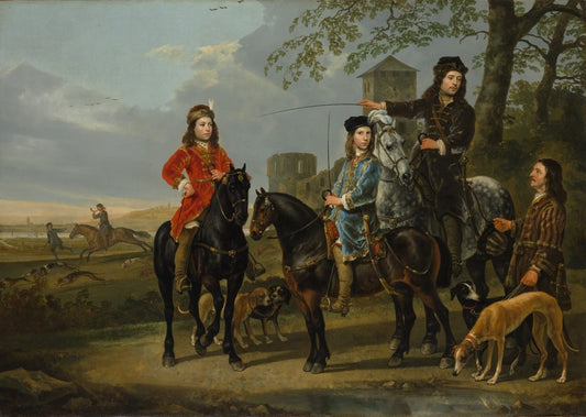 Equestrian Portrait of Cornelis and Michiel Pompe van Meerdervoort with their Tutor and Coachman, vintage artwork by Aelbert Cuyp, 12x8" (A4) Poster