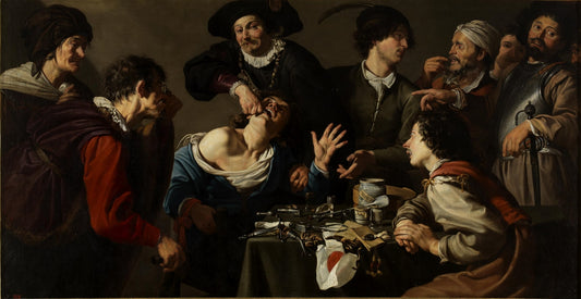 El charlatán sacamuelas (A Troupe of Travelling Performers, Including a Toothdrawer), vintage artwork by Theodore Rombouts, 12x8" (A4) Poster
