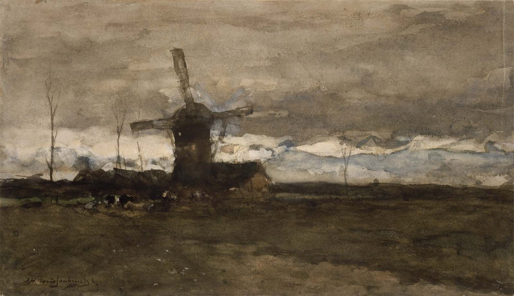 A Windmill in Holland, vintage artwork by Johan Hendrik Weissenbruch, 12x8" (A4) Poster