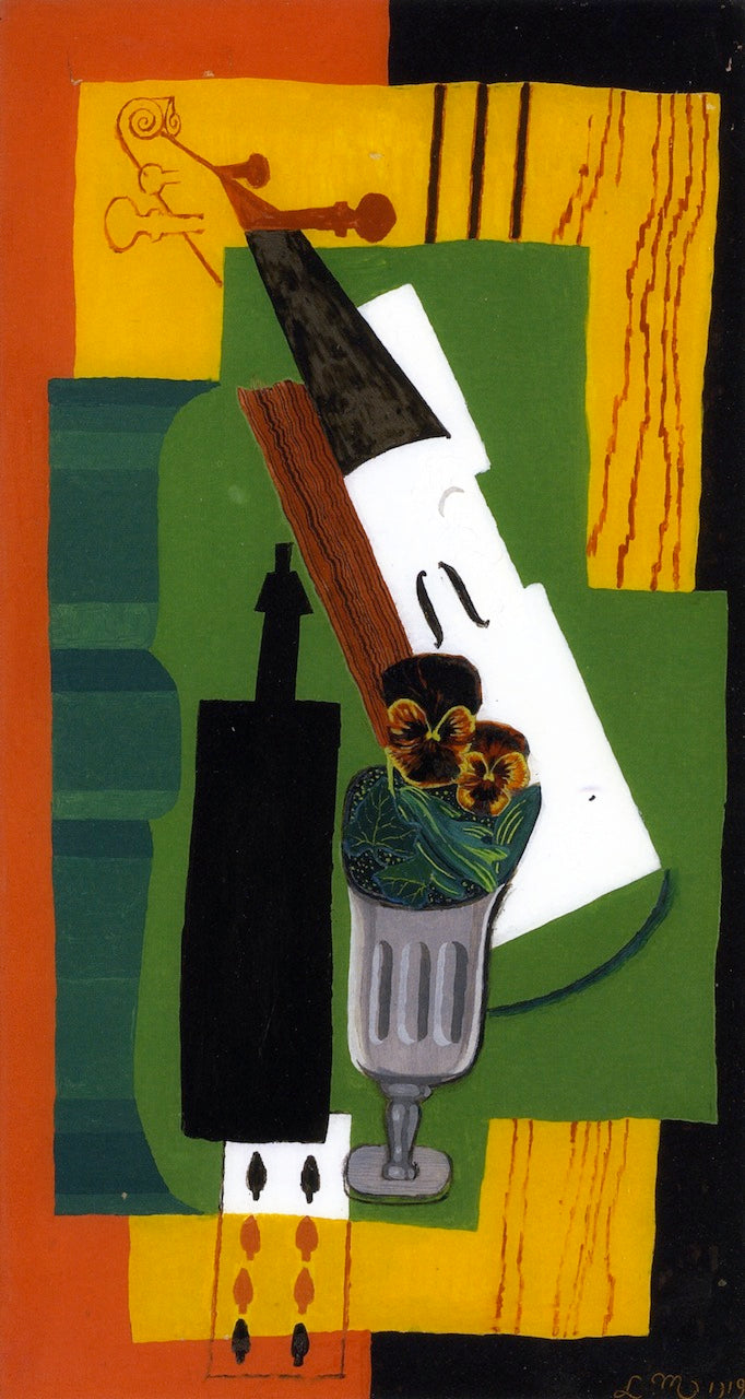 Violin, Bottle Flowers in a Glass and Eight of Spades, vintage artwork by Louis Marcoussis, 12x8" (A4) Poster