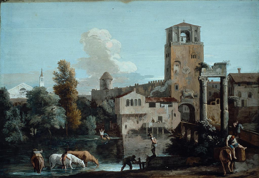 Capriccio with Horses Watering in a River Outside a Walled Town, vintage artwork by Marco Ricci, 12x8" (A4) Poster
