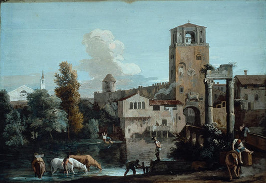 Capriccio with Horses Watering in a River Outside a Walled Town, vintage artwork by Marco Ricci, 12x8" (A4) Poster