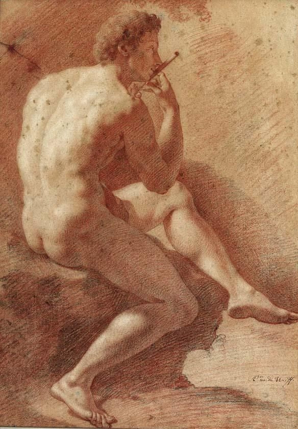 Study of a Male Nude Playing the Flute, vintage artwork by Adriaen van der Werff, 12x8" (A4) Poster