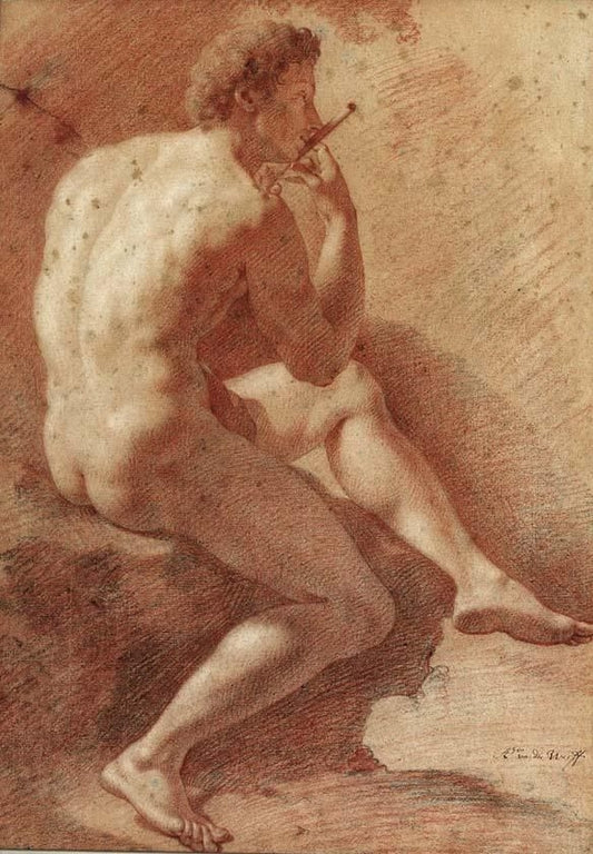 Study of a Male Nude Playing the Flute, vintage artwork by Adriaen van der Werff, 12x8" (A4) Poster