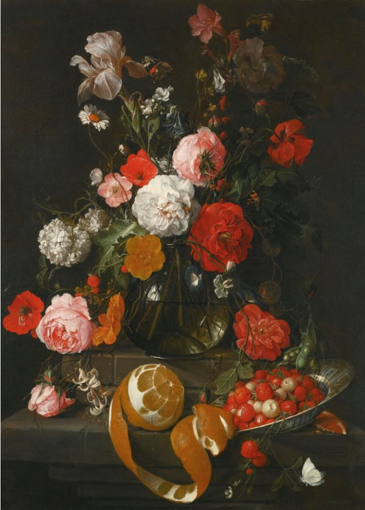 A still-life of roses, poppies, lilies and other flowers in a glass vase on a marble shelf, vintage artwork by Cornelis de Heem, 12x8" (A4) Poster