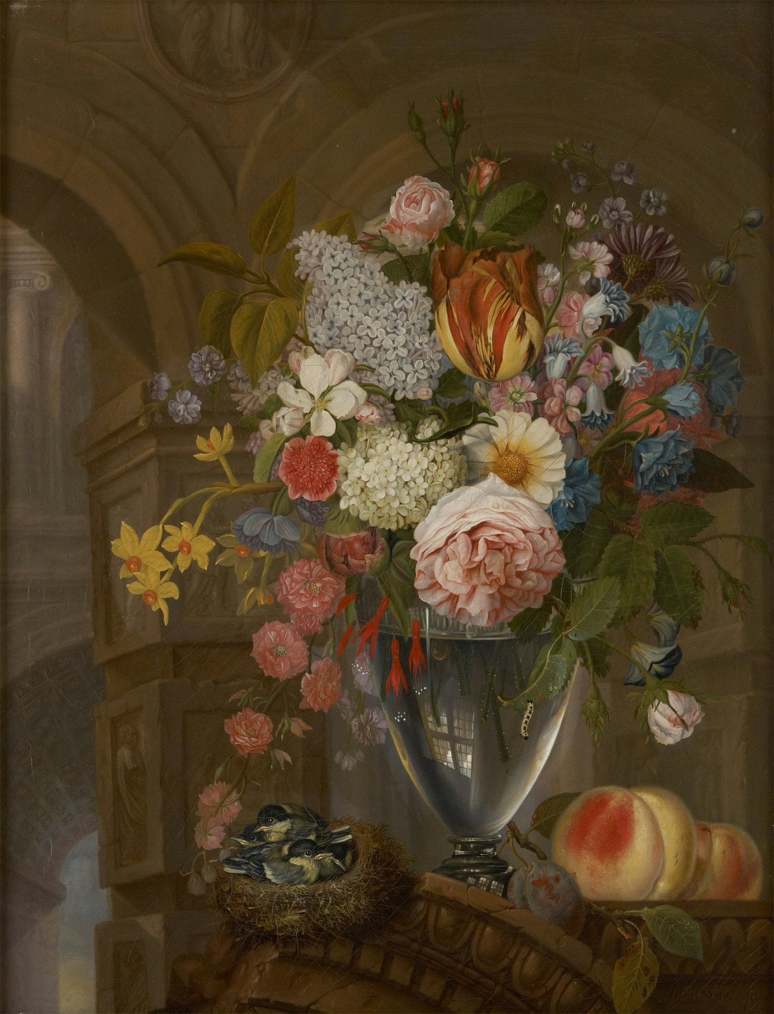 Vase of Flowers with a Bird's Nest, vintage artwork by Michel Joseph Speeckaert, 12x8" (A4) Poster