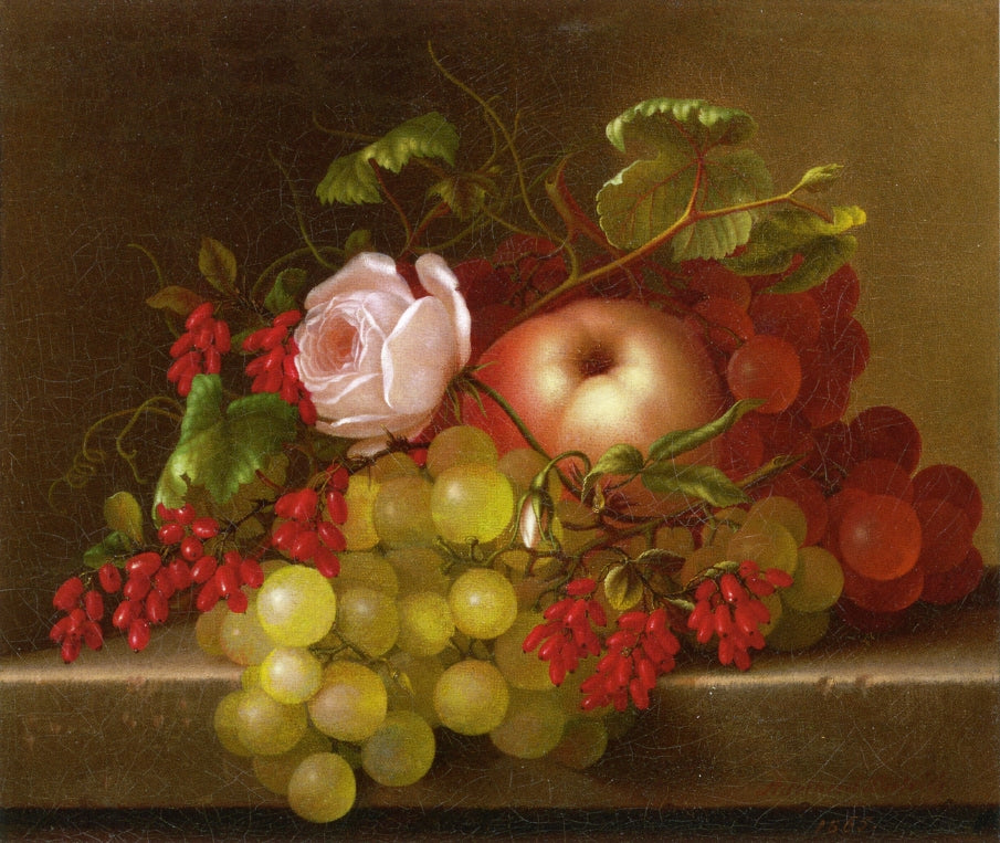 Still Life with Peach, Grapes and Rosehips, vintage artwork by Adelheid Dietrich, 12x8" (A4) Poster