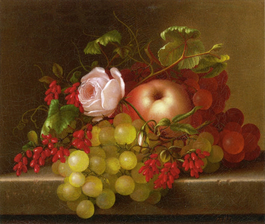 Still Life with Peach, Grapes and Rosehips, vintage artwork by Adelheid Dietrich, 12x8" (A4) Poster
