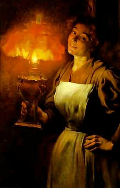 Mujer con Lampara, vintage artwork by Luis Graner Y Arrufi, 12x8" (A4) Poster
