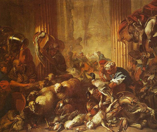 Christ Chasing the Moneylenders from the Temple, vintage artwork by Giovanni Castiglione, 12x8" (A4) Poster
