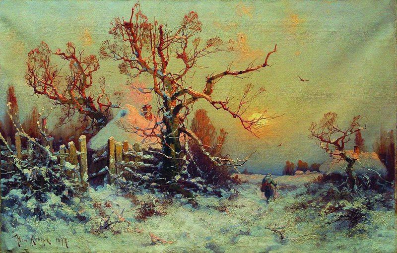 Winter Evening in the Village, vintage artwork by Julius Klever, 12x8" (A4) Poster
