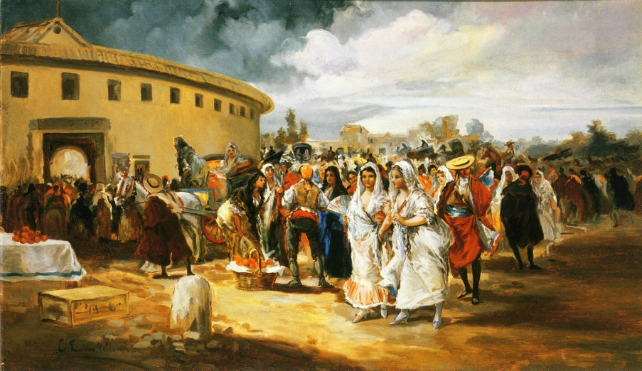 Entering the Bull Ring in Sunshine, vintage artwork by Eugenio Lucas Villamil, 12x8" (A4) Poster