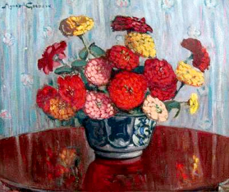 Zinnias in a Grey Vase by Agnes Noyes Goodsir,A3(16x12")Poster