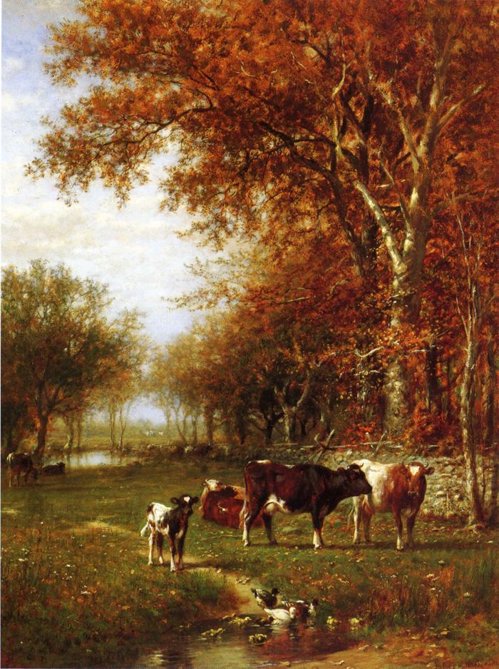 Cows before a Watering Hole, vintage artwork by James McDougal Hart, 12x8" (A4) Poster
