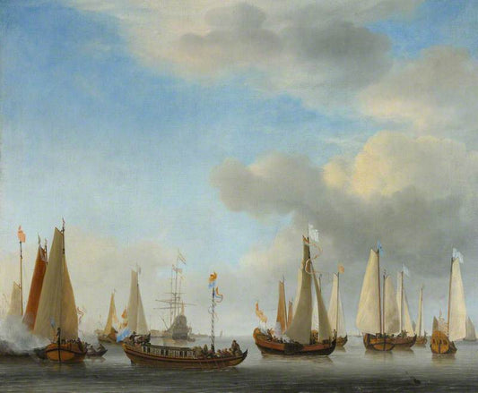 A Dutch State Barge under Oars with bezan Yachts under Sail, vintage artwork by Willem van de Velde the Younger, 12x8" (A4) Poster