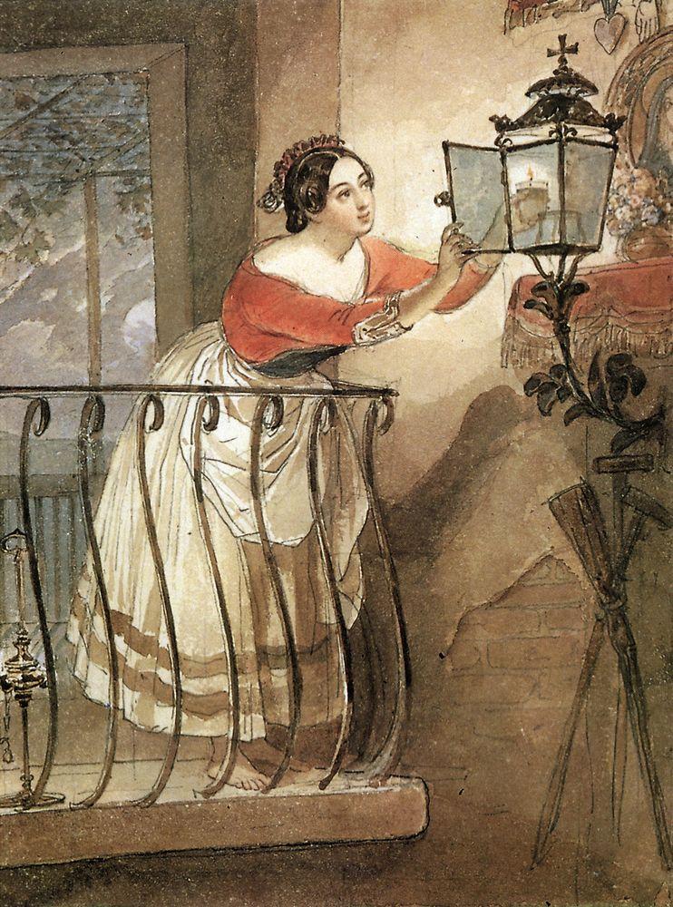 Italian Woman Lightning a Lamp Before the Image of Madonna, vintage artwork by Karl Pavlovich Brulloff, A3 (16x12") Poster Print