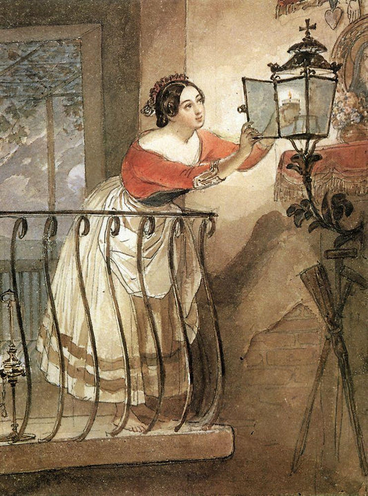 Italian Woman Lightning a Lamp Before the Image of Madonna, vintage artwork by Karl Pavlovich Brulloff, A3 (16x12") Poster Print