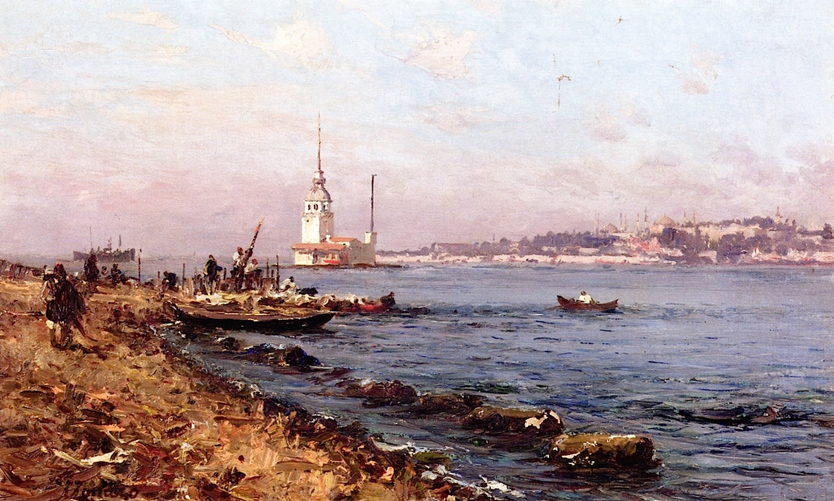 A View of Salacak and Kiz Kulesi [Leander's Tower], Istanbul Turkey, vintage artwork by Fausto Zonaro, 12x8" (A4) Poster