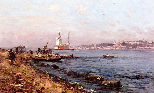 A View of Salacak and Kiz Kulesi [Leander's Tower], Istanbul Turkey, vintage artwork by Fausto Zonaro, 12x8" (A4) Poster