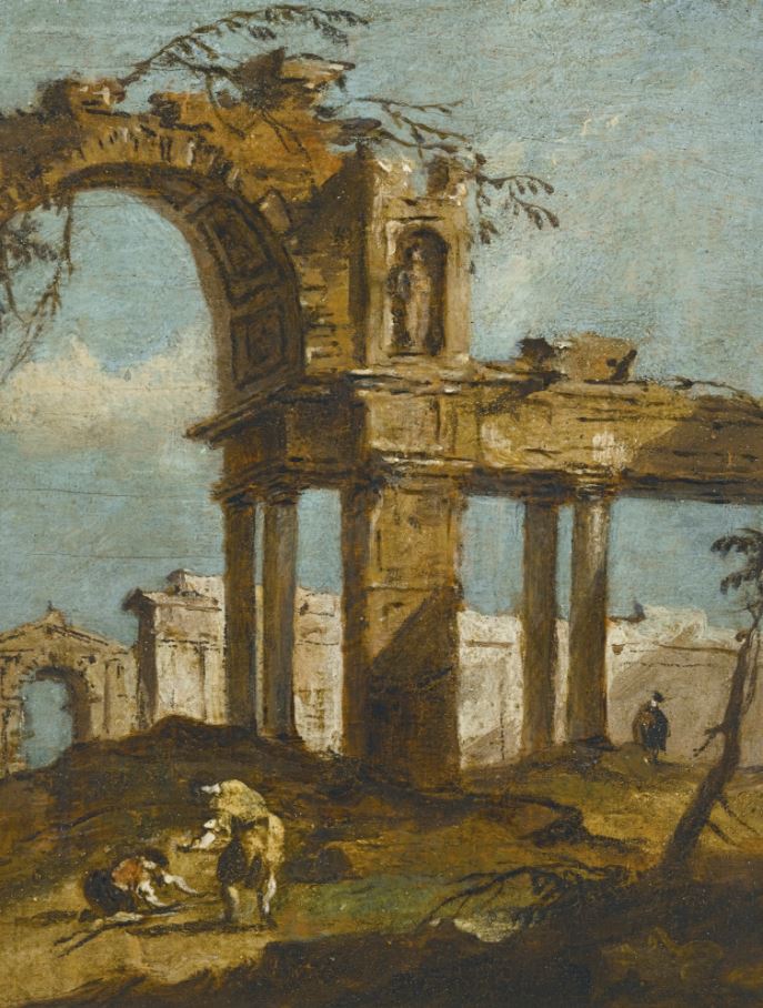 A capriccio of a ruined arch with figures in the foreground, vintage artwork by Francesco Guardi, 12x8" (A4) Poster