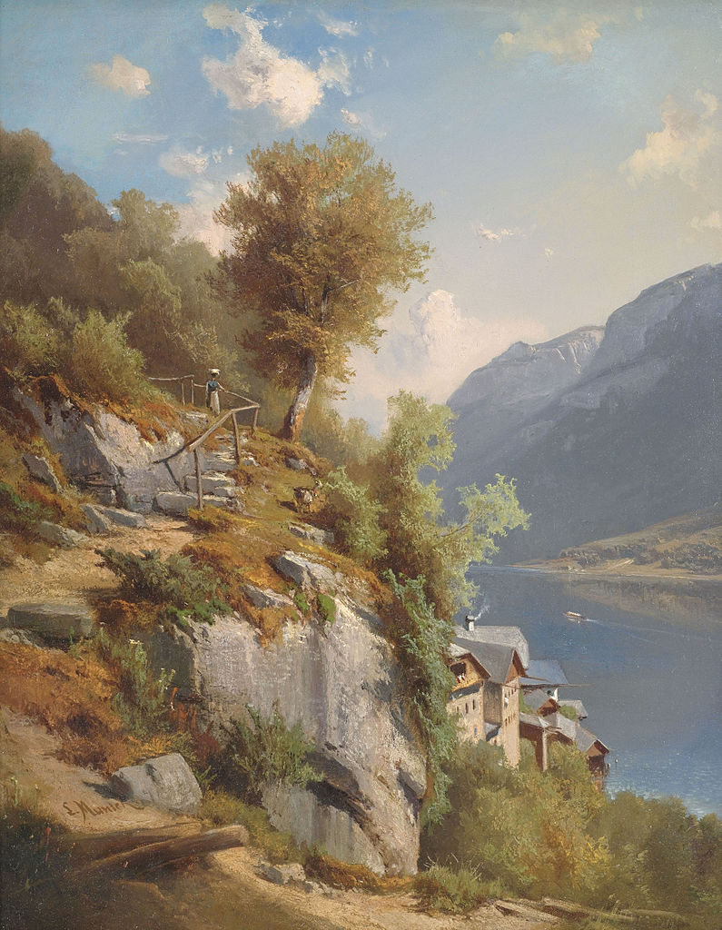 Summer Landscape with a View of Hallstätter Lake, vintage artwork by Leopold Munsch, 12x8" (A4) Poster