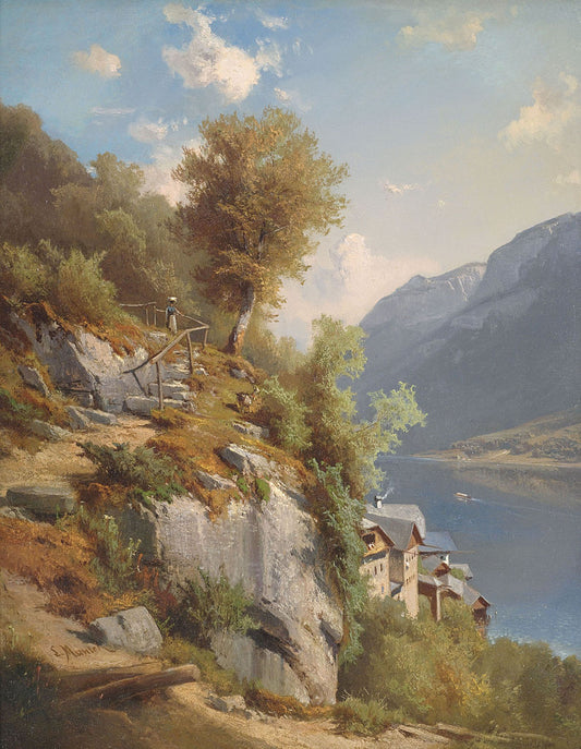 Summer Landscape with a View of Hallstätter Lake, vintage artwork by Leopold Munsch, 12x8" (A4) Poster