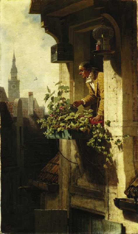 Man Watering Flowers, vintage artwork by Carl Spitzweg, A3 (16x12") Poster Print