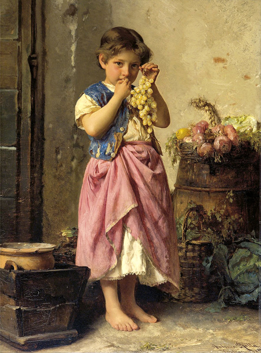 Child with Grapes, vintage artwork by Antonio Rotta, 12x8" (A4) Poster