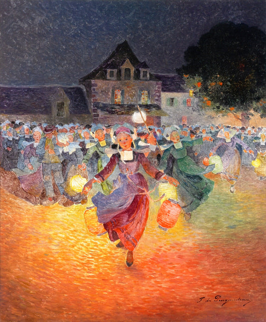 Breton Women with Lamps, vintage artwork by Ferdinand du Puigaudeau, 12x8" (A4) Poster