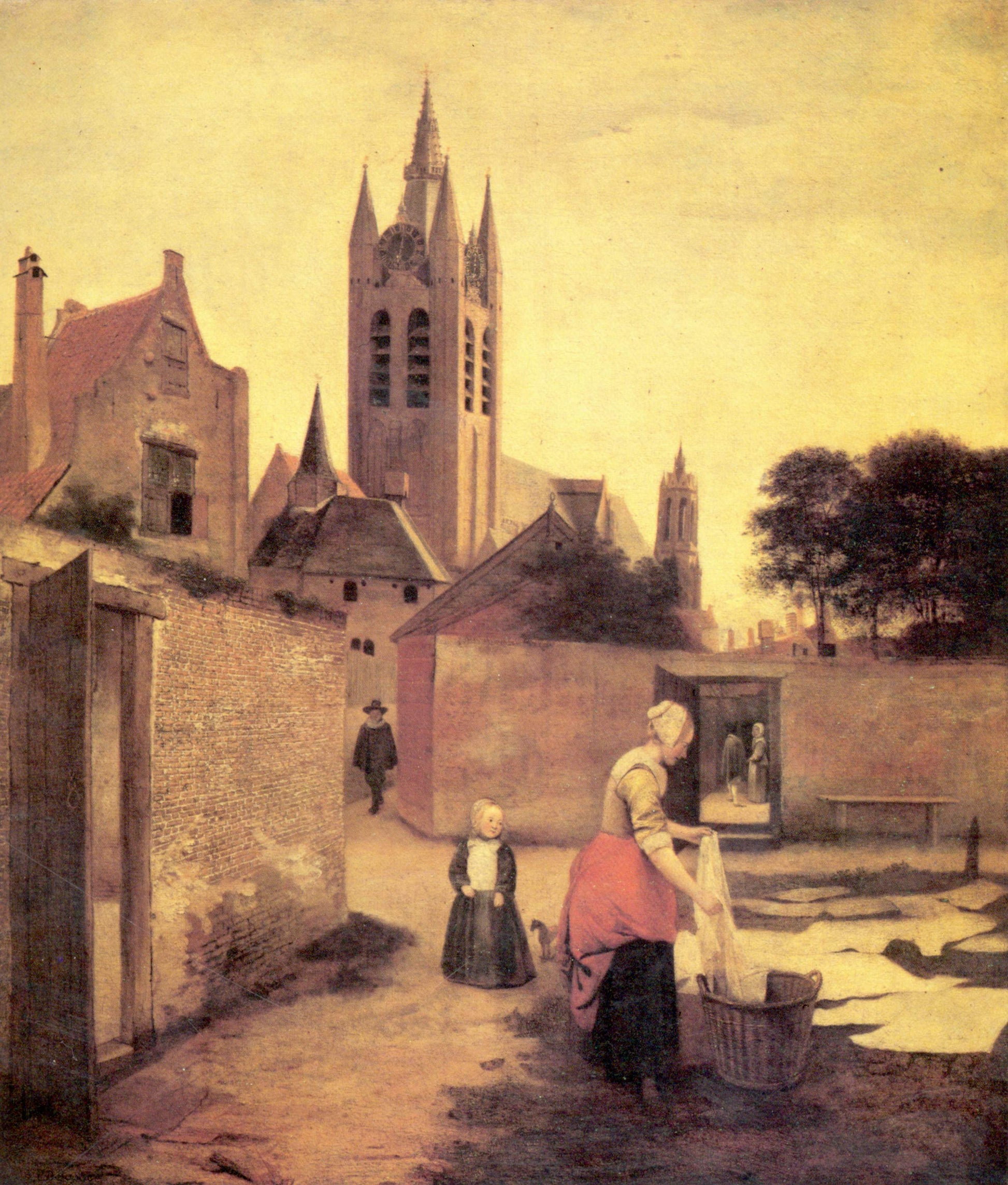 A woman and a child on a Bleichwiese, vintage artwork by Pieter de Hooch, 12x8" (A4) Poster