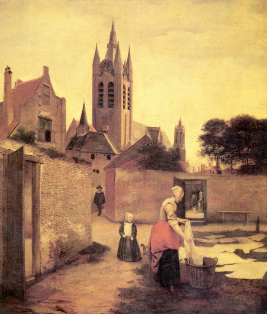 A woman and a child on a Bleichwiese, vintage artwork by Pieter de Hooch, 12x8" (A4) Poster