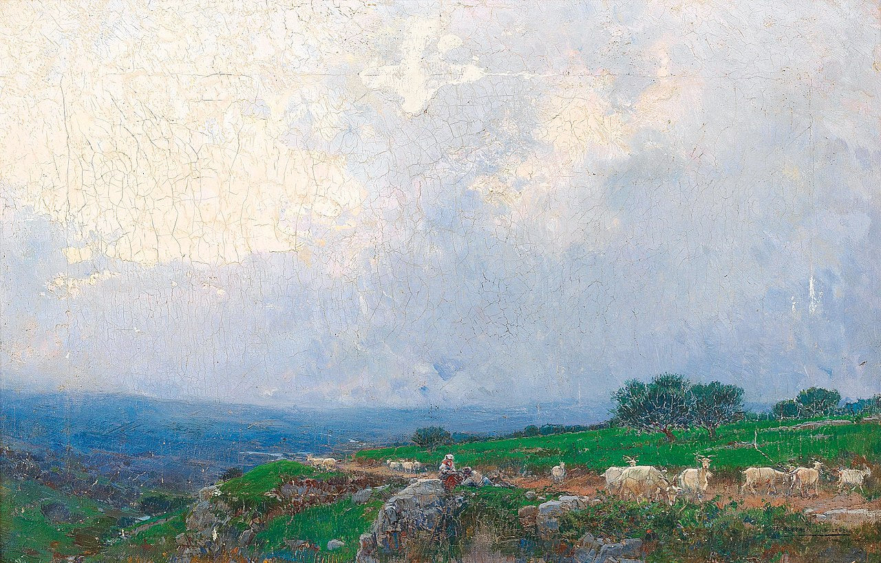 Italian Herders with Goats in an Open Landscape, vintage artwork by Mariano Barbasan Lagueruela, 12x8" (A4) Poster