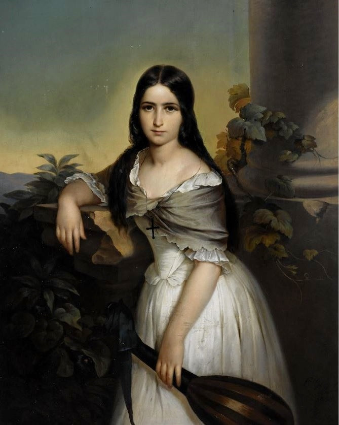 Portrait of a woman holding a mandolin, vintage artwork by Carl Adolf Gugel, A3 (16x12") Poster Print