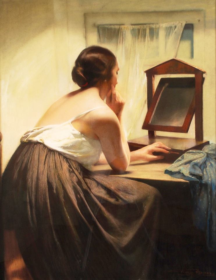 Young Woman at the Mirror by Firmin Baes,16x12(A3) Poster