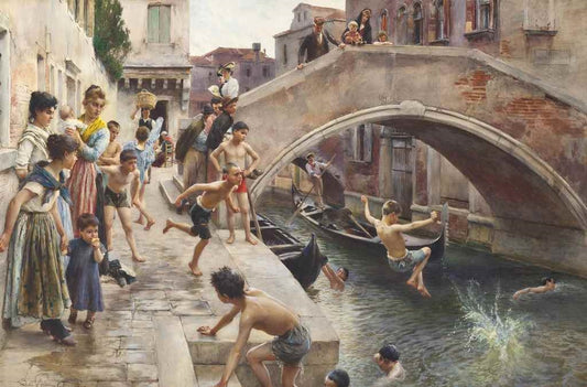 Children Leaping into a Venetian Canal, vintage artwork by Ludwig Johann Passini, 12x8" (A4) Poster