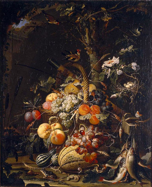 Forest floor still life with fruit, fish and a bird's nest, vintage artwork by Abraham Mignon, 12x8" (A4) Poster