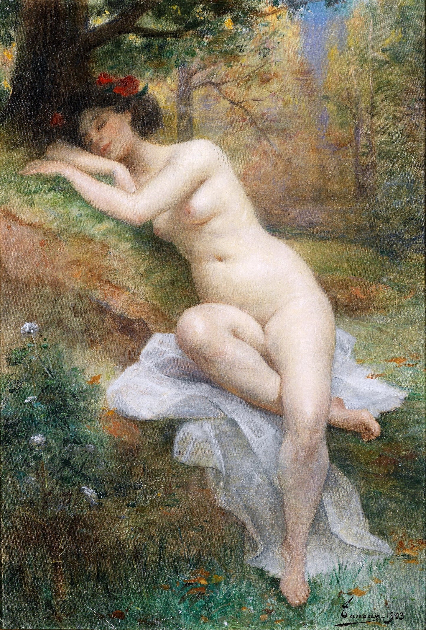 Naked Woman in the Forest, vintage artwork by Henri Adrien Tanoux, 12x8" (A4) Poster