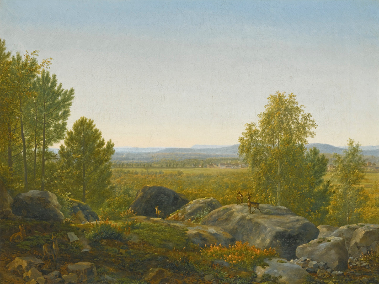 A Rocky Outcrop with Deer, vintage artwork by Jean-Joseph-Xavier Bidauld, 12x8" (A4) Poster