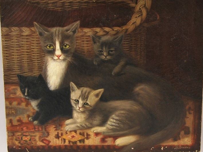 Interior with three kittens and their mother, vintage artwork by Irving Lewis Bacon, 12x8" (A4) Poster