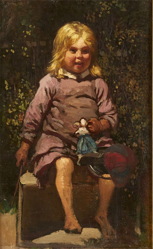 Child with a Doll, vintage artwork by August Malmstrom, 12x8" (A4) Poster