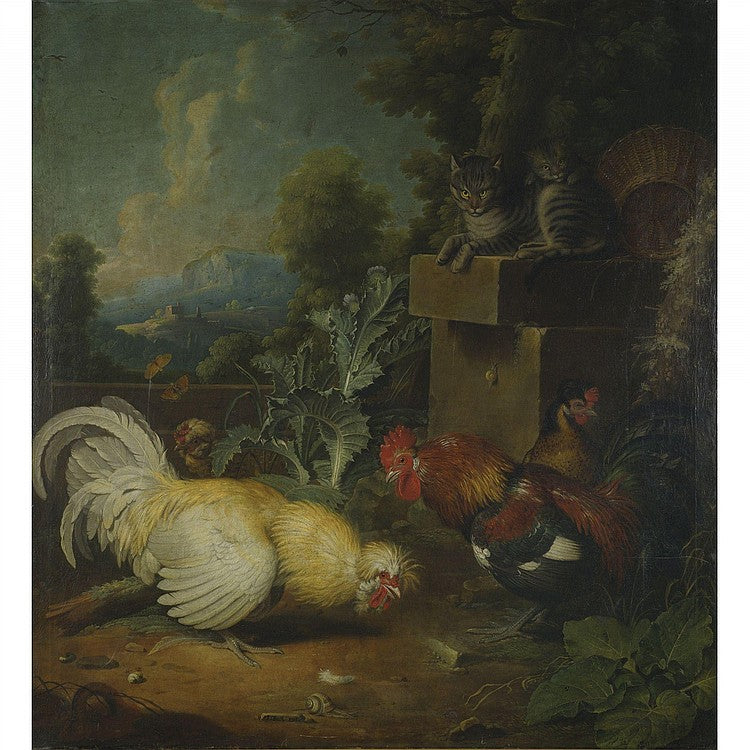 Hens and Cat, vintage artwork by Jakob Samuel Beck, 12x8" (A4) Poster