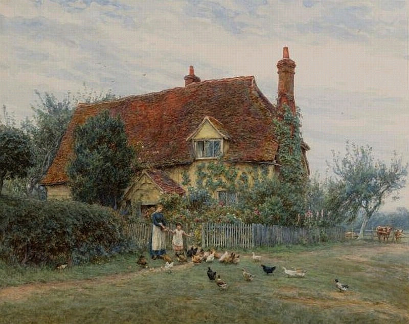 Outside the cottage, vintage artwork by Helen Allingham, 12x8" (A4) Poster
