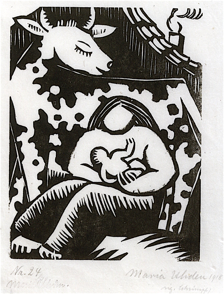 Cow and Woman with Child, vintage artwork by Maria Uhden, 12x8" (A4) Poster