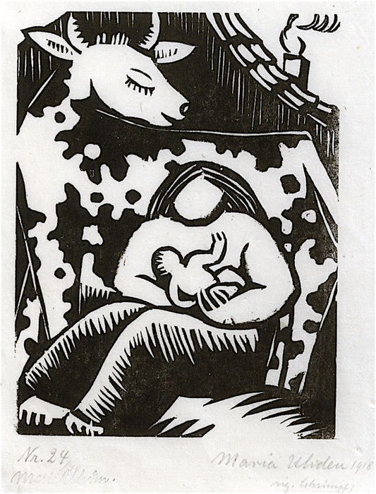 Cow and Woman with Child, vintage artwork by Maria Uhden, 12x8" (A4) Poster