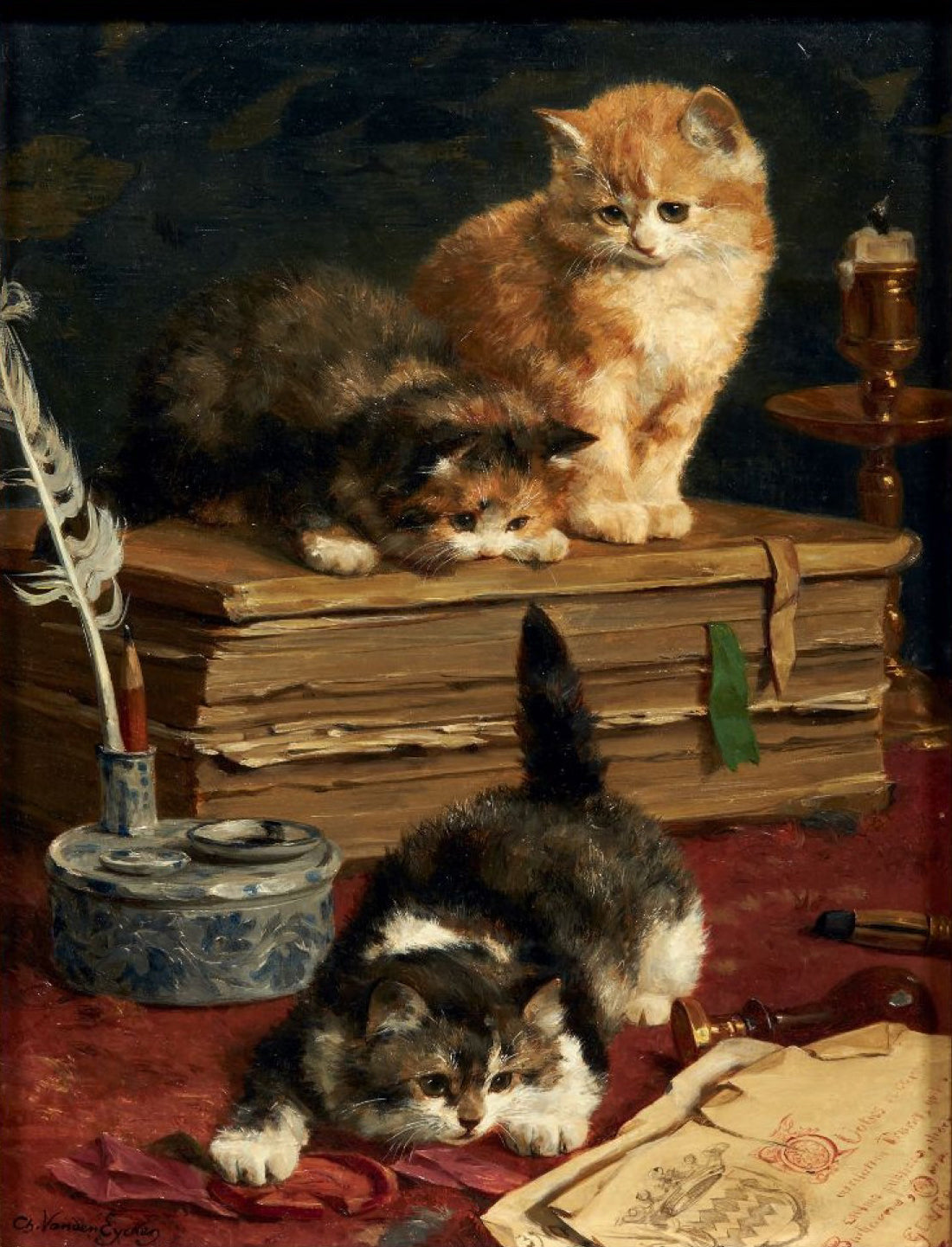 kittens playing by an inkwell by Charles van den Eycken,A3(16x12")Poster
