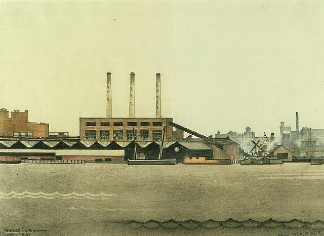 Brooklyn Waterfront, vintage artwork by Miklos Suba, 12x8" (A4) Poster