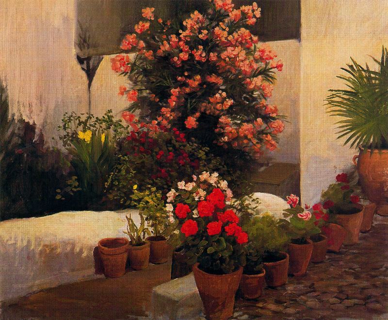 Patio with Flower Pots by Adolfo Lozano Sidro,16x12(A3) Poster