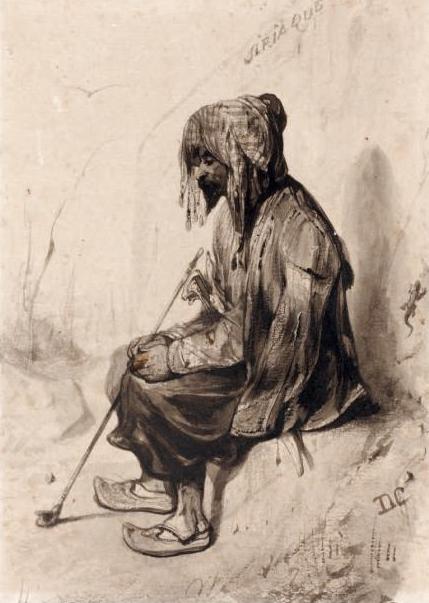 Seated Turk, Smoking his Pipe, vintage artwork by Alexandre-Gabriel Decamps, A3 (16x12