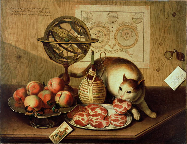 Still Life with Cat, vintage artwork by Sebastiano Lazzari, 12x8" (A4) Poster